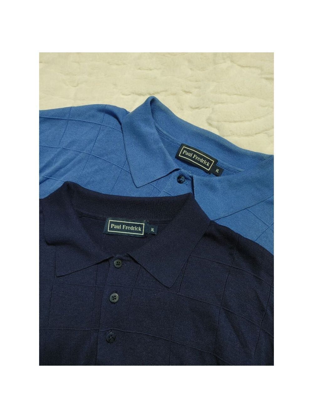 Set of 2 Men's Paul Fredrick Grid Polo Shirt XL Blue Navy Silk